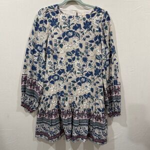 Doe and Rae Blue Cream Floral Boho Drop Waist Mini Dress Long Sleeve Small